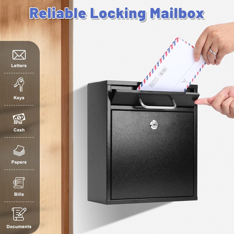 KYODOLED Steel Key Lock Mail Boxes for Outside, Locking Wall Mount Mailbox, Security Key Drop Box for Home, Office or Commercial, 12H x 10.5L x 4.6W Inches, Black Large - Image 4